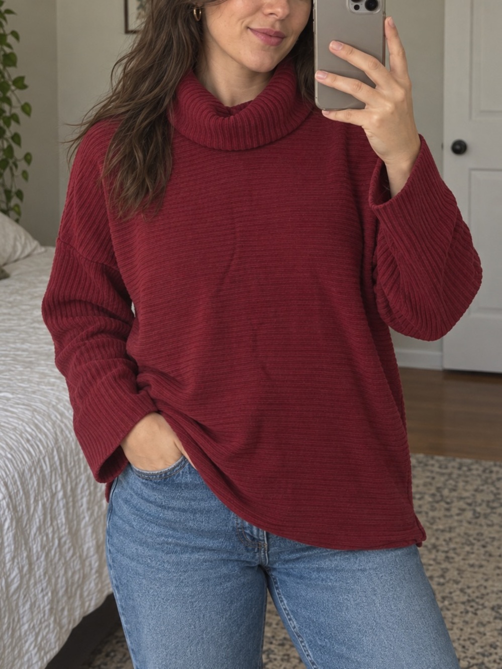 Time and Tru Burgundy Ribbed Cowl Neck Sweater
